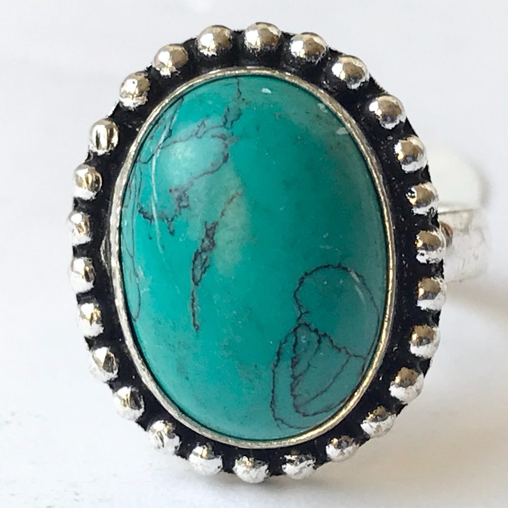 Silver Tone Aqua Turquoise Stone Southwestern Ring Size 6 7 Boho India Tribal